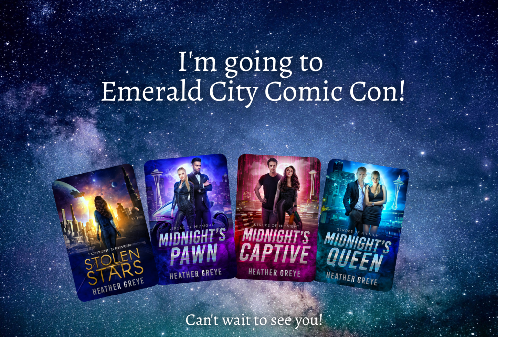 Starry background and 4 Heather Greye book covers, with the text I'm going to Emerald City Comic Con - can't wait to see you